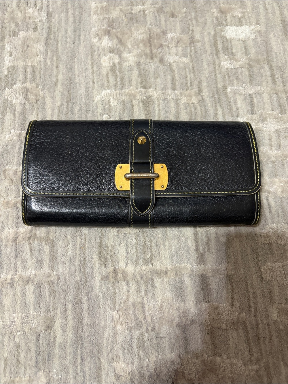 louis vuitton Black Leather Women's Clutch Wallet with Gold Hardware